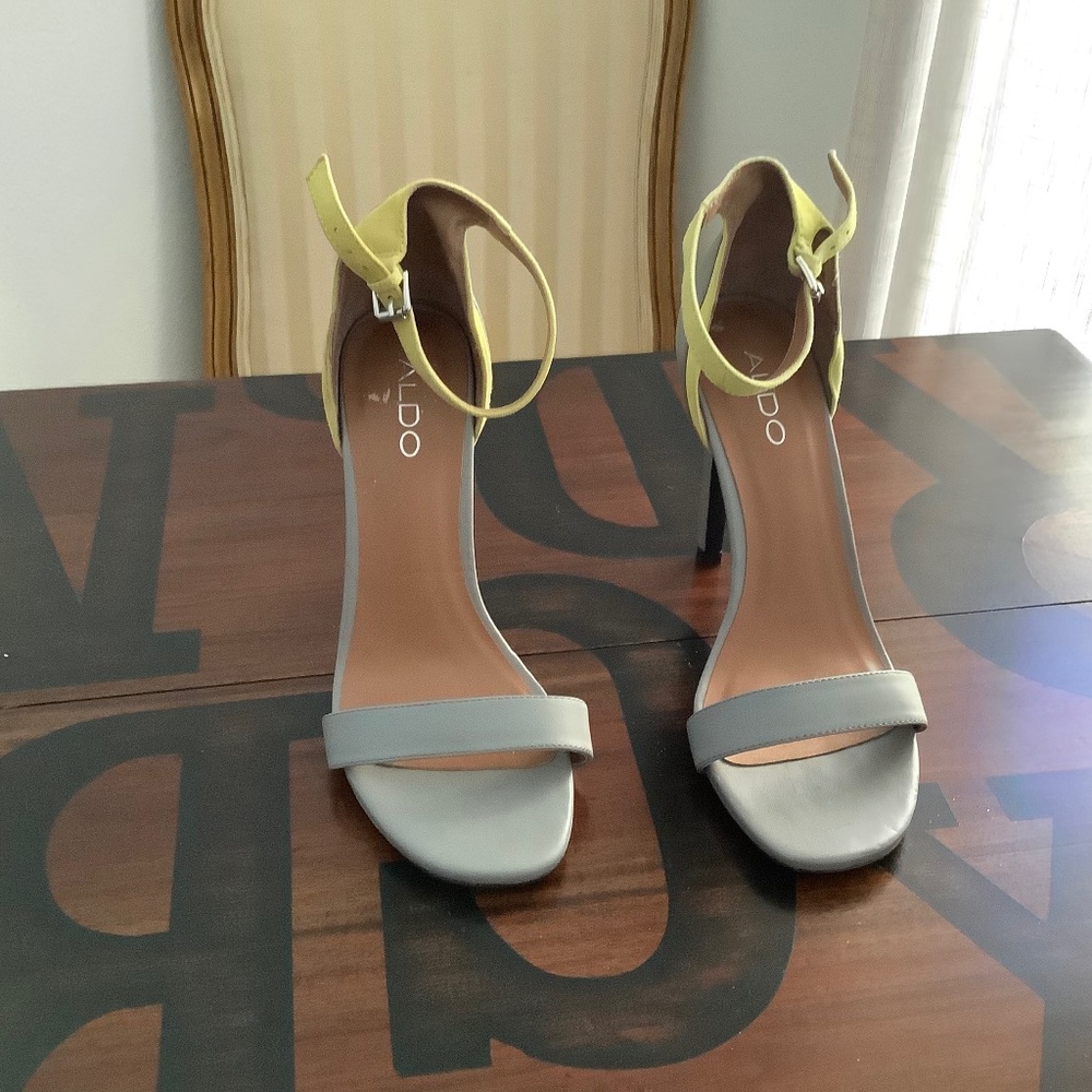 Aldo Gray Leather Open Toe Stilettos
